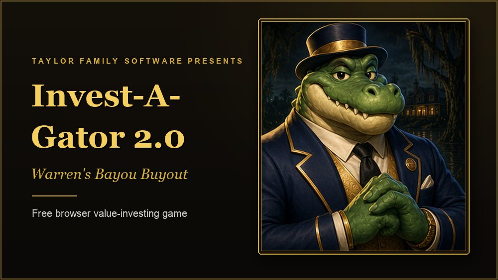 Invest-A-Gator game start screen with Warren the alligator