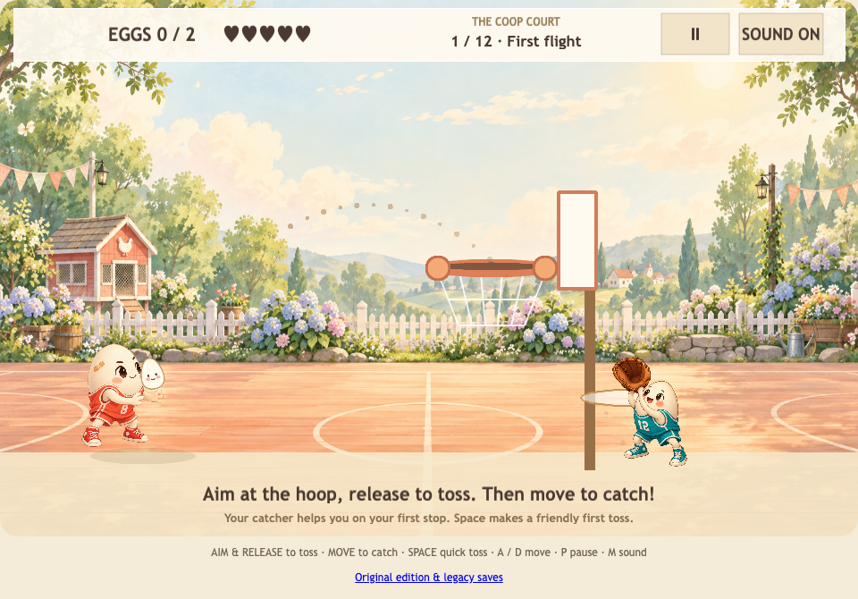 Yolk Hoops title screen with an egg thrower and egg catcher on a glowing basketball court