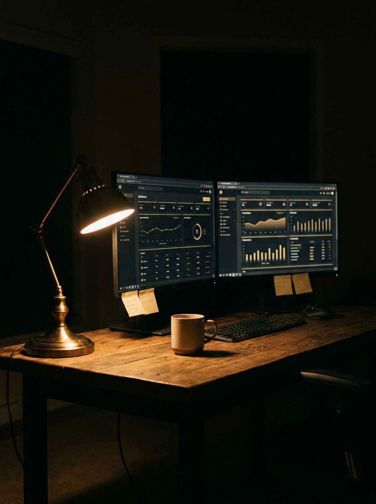 A dark desk at night, two monitors showing gold-accented dashboards under a brass lamp