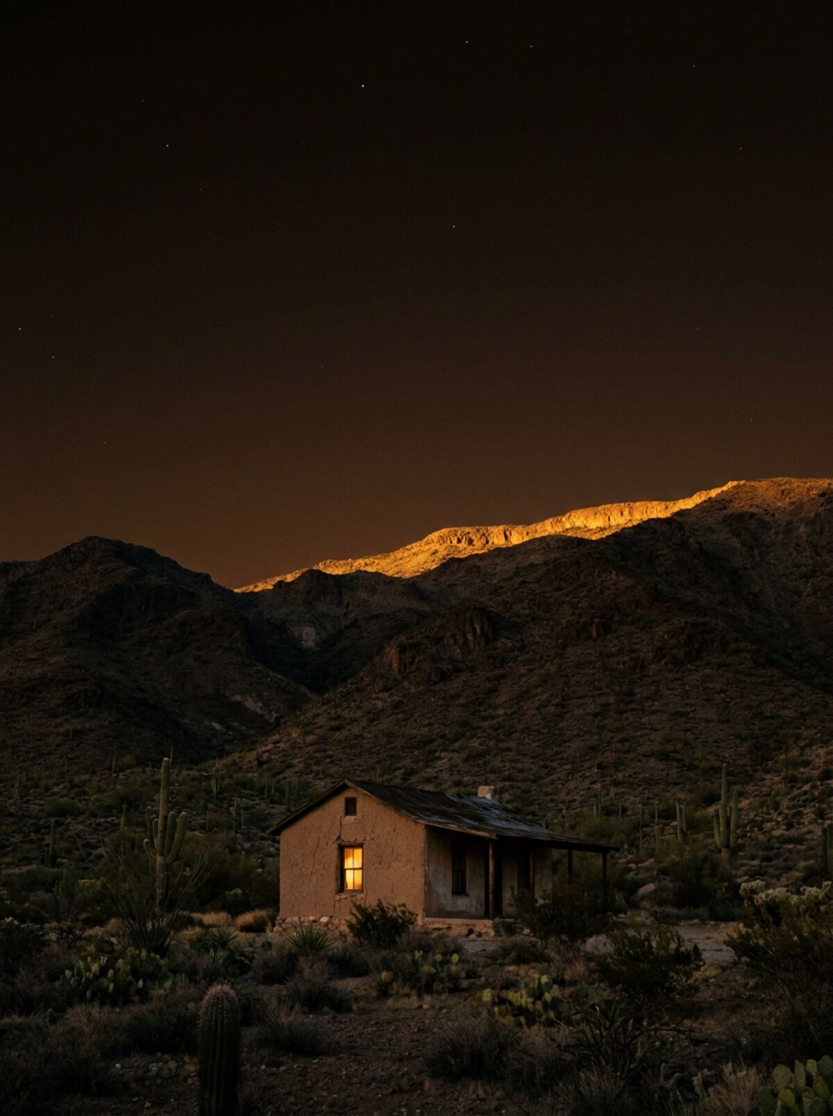 A small desert house with one lit window at dusk outside Kingman, Arizona